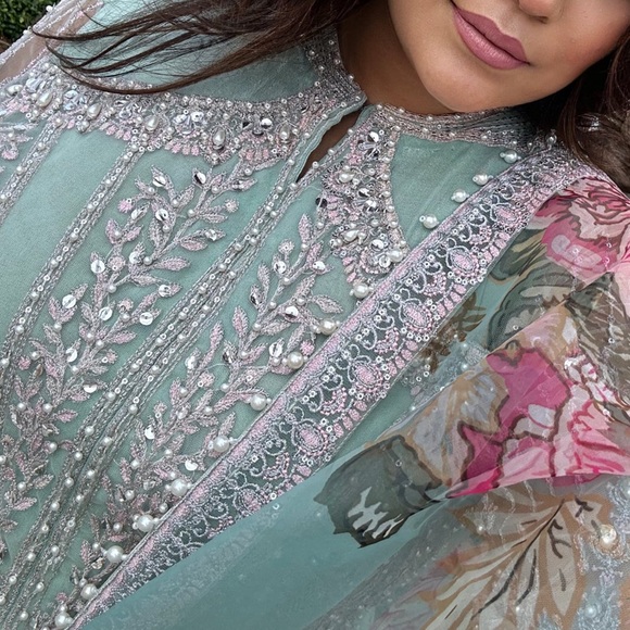 Elegant Blue, Silver, & Pearl Embroidered Anarkali - Picture 5 of 12